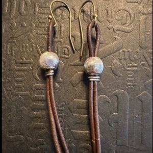 ARTISAN Brown Leather with Silver Bead Bronze Hypoallergenic Earrings 2 1/2”